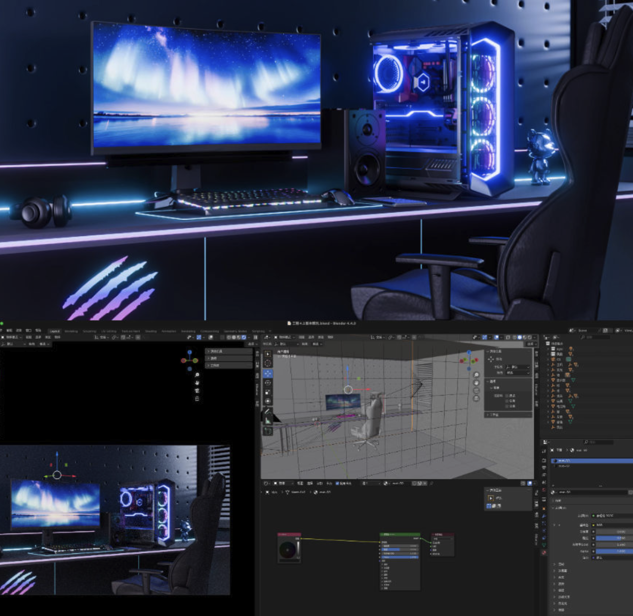 Blender赛博朋克电脑房主机键盘耳机3D建模渲染场景工程源文件